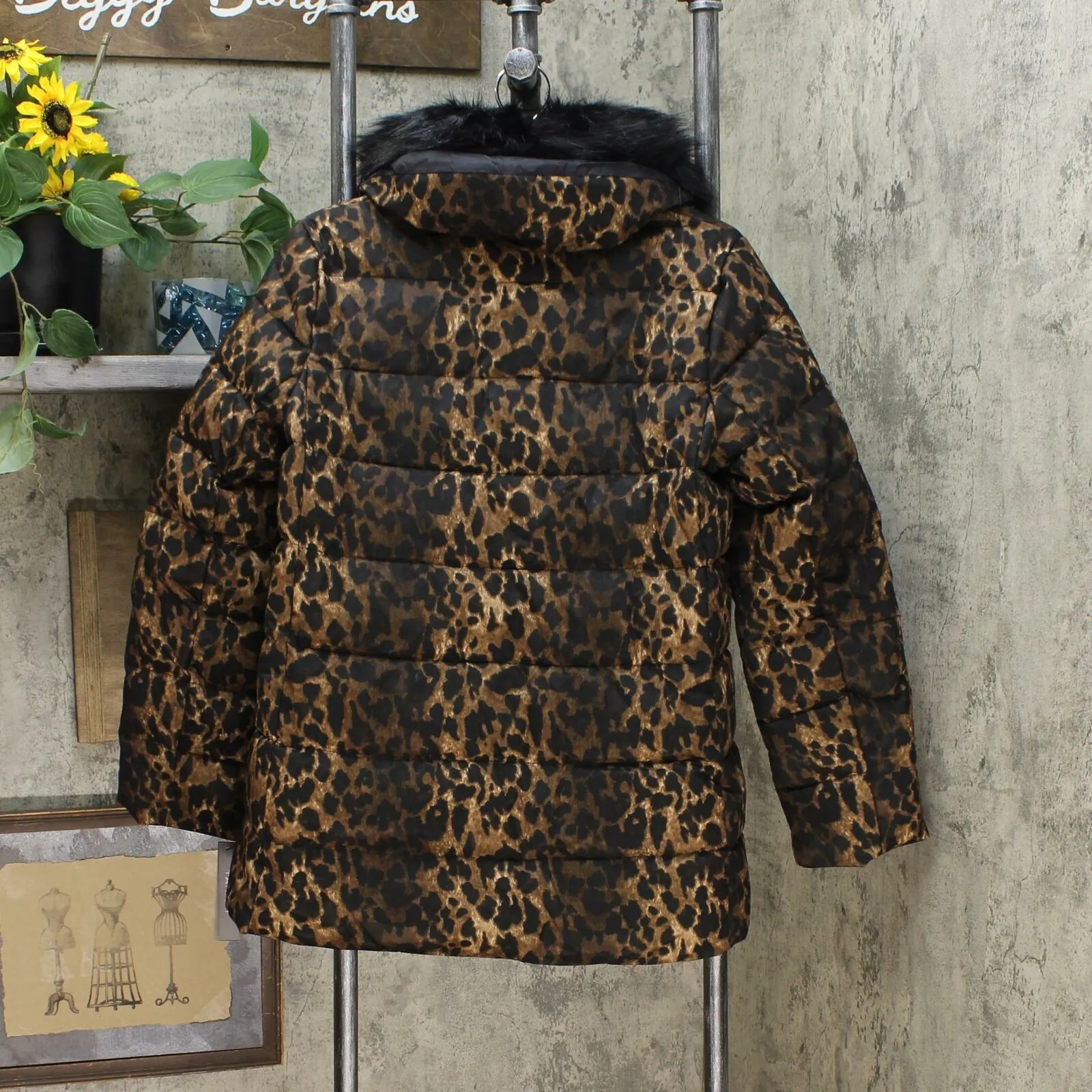 Tahari ASL Women's Leopard Print Puffer Coat With Faux Fur-Collar