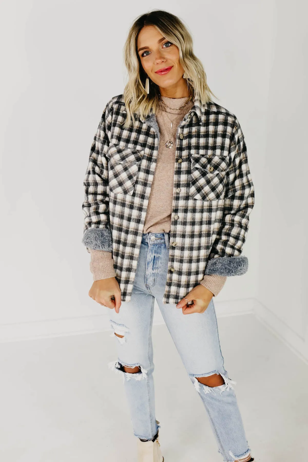 The Selena Faux Fur Lined Shacket - Charcoal