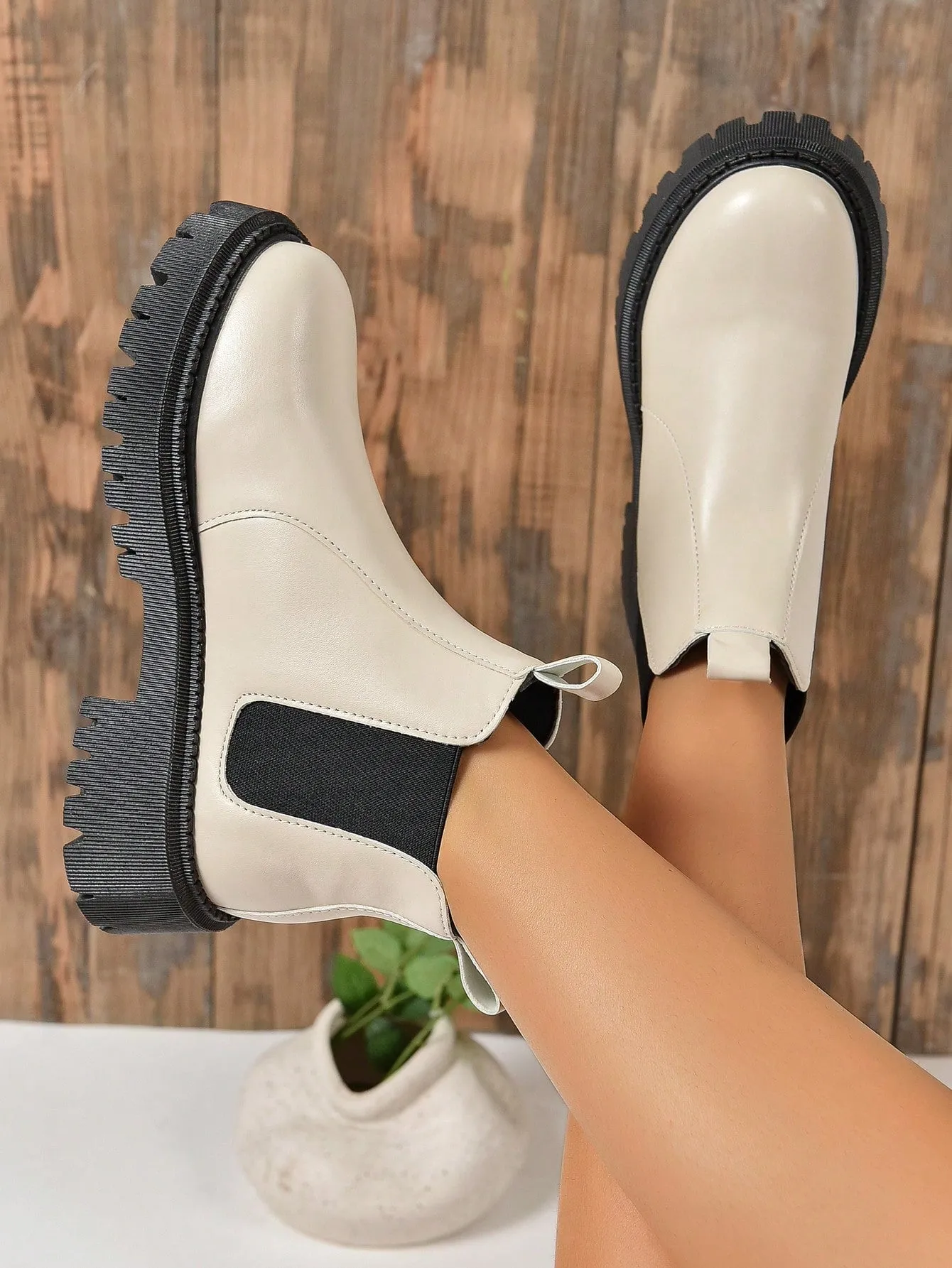 Thick Soled Knee High Boots - Beige