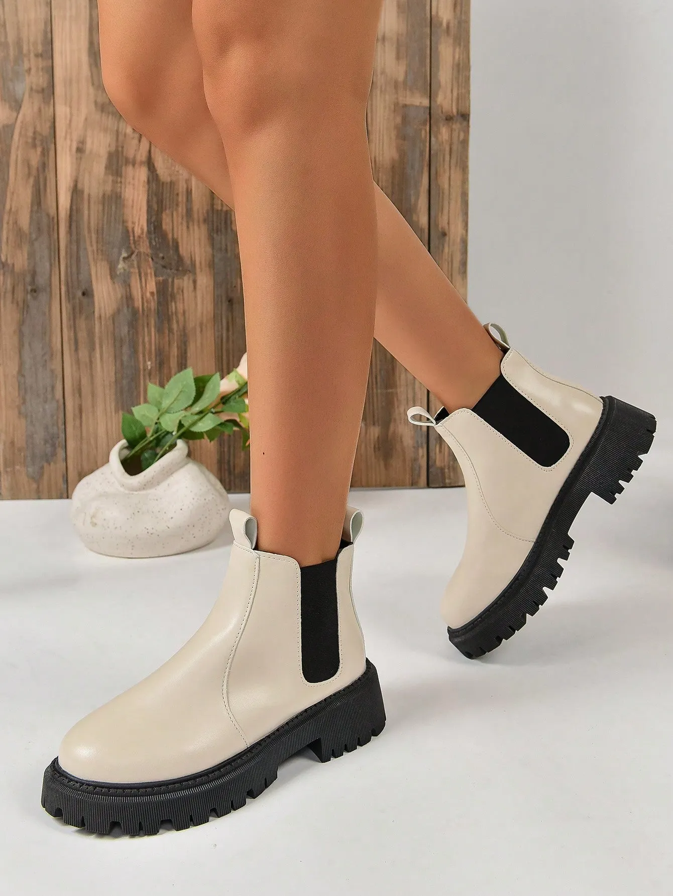 Thick Soled Knee High Boots - Beige
