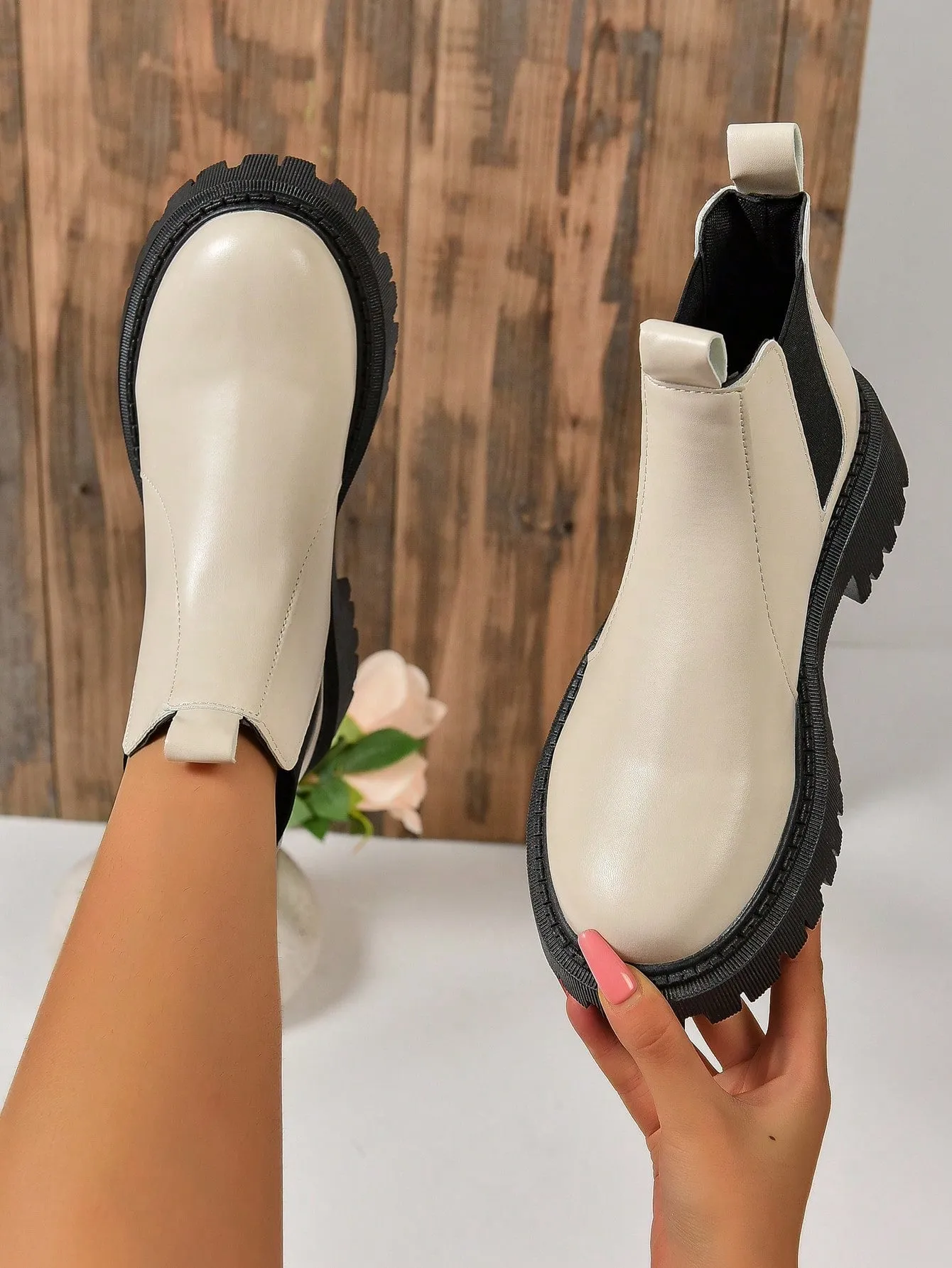 Thick Soled Knee High Boots - Beige