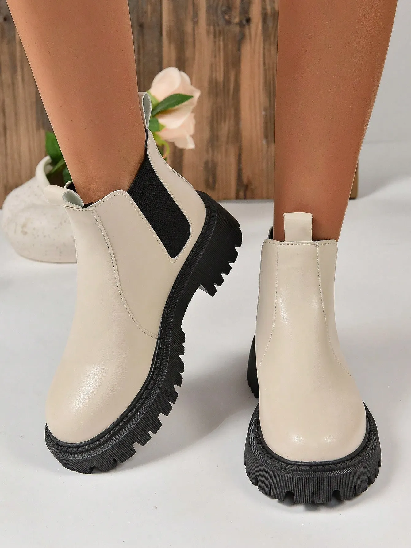 Thick Soled Knee High Boots - Beige