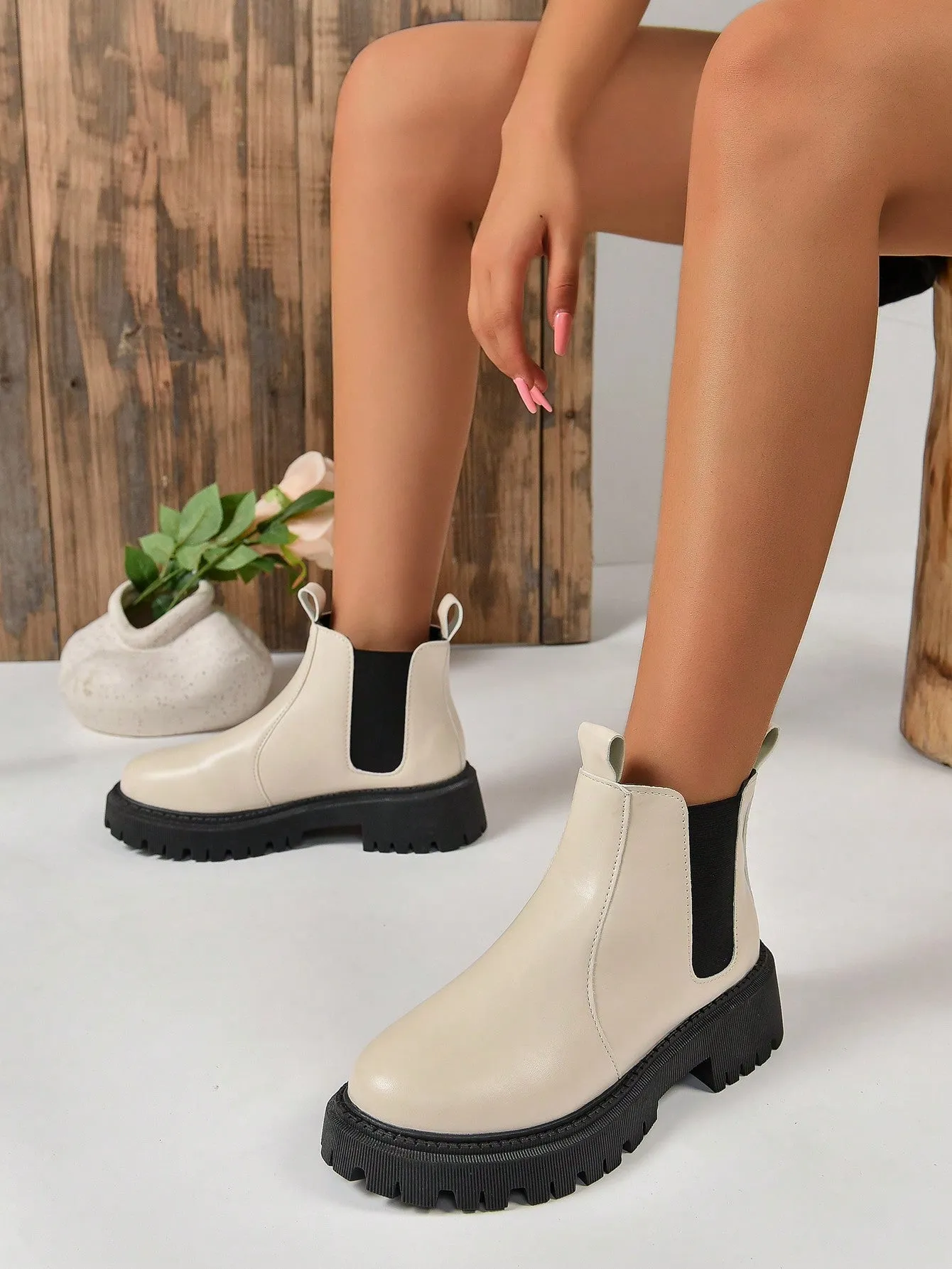 Thick Soled Knee High Boots - Beige