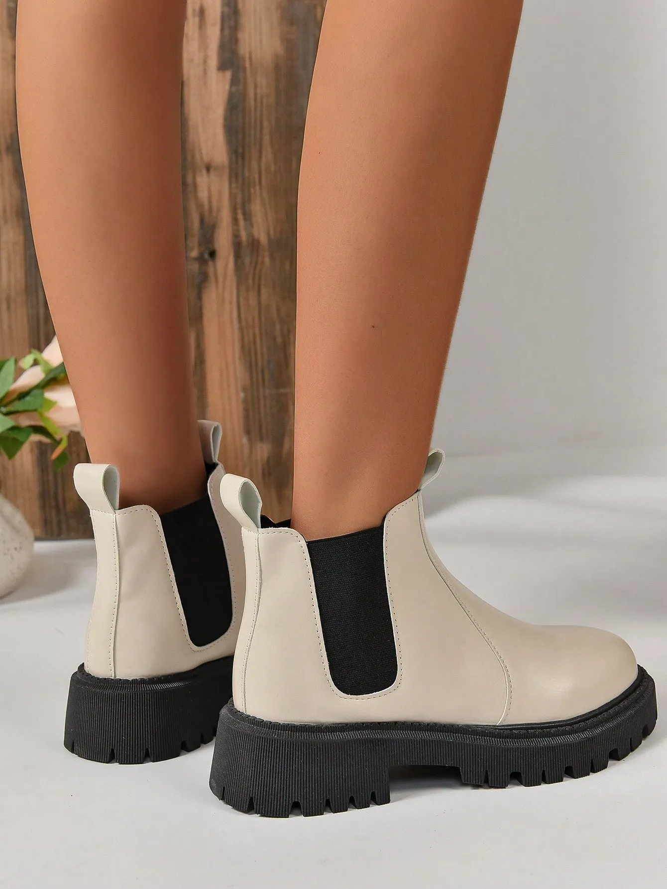 Thick Soled Knee High Boots - Beige