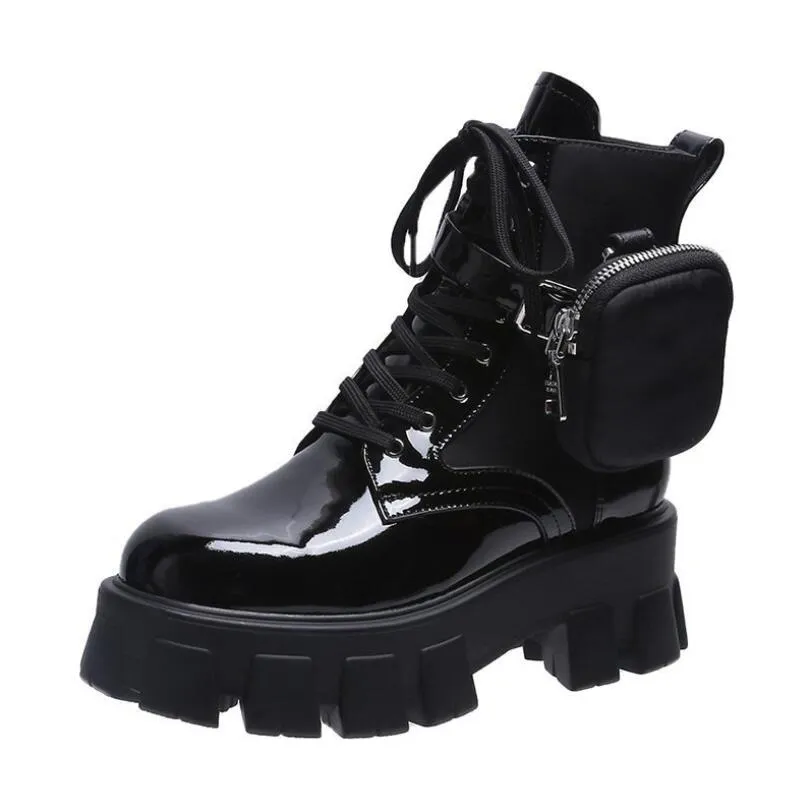 Thick-soled wallet women's boots winter new patent leather women's boots lace up motorcycle boots