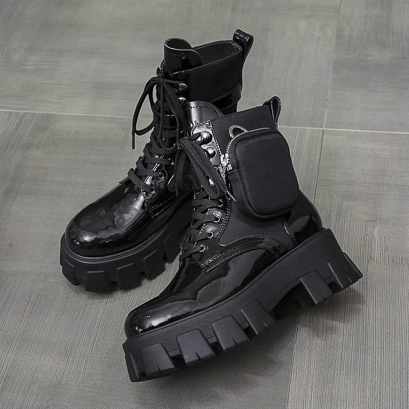 Thick-soled wallet women's boots winter new patent leather women's boots lace up motorcycle boots