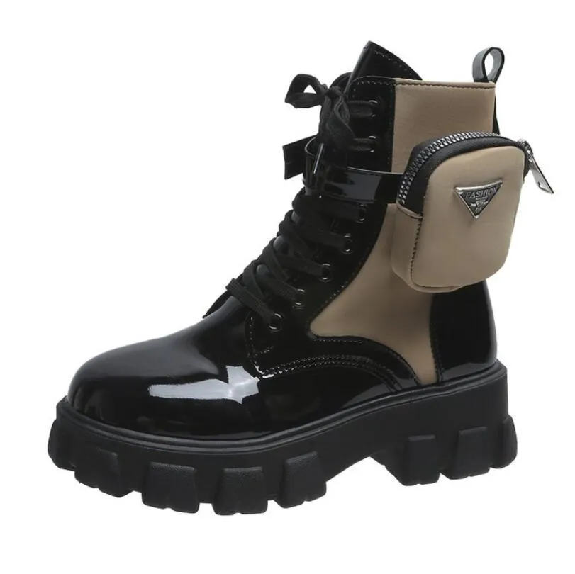 Thick-soled wallet women's boots winter new patent leather women's boots lace up motorcycle boots