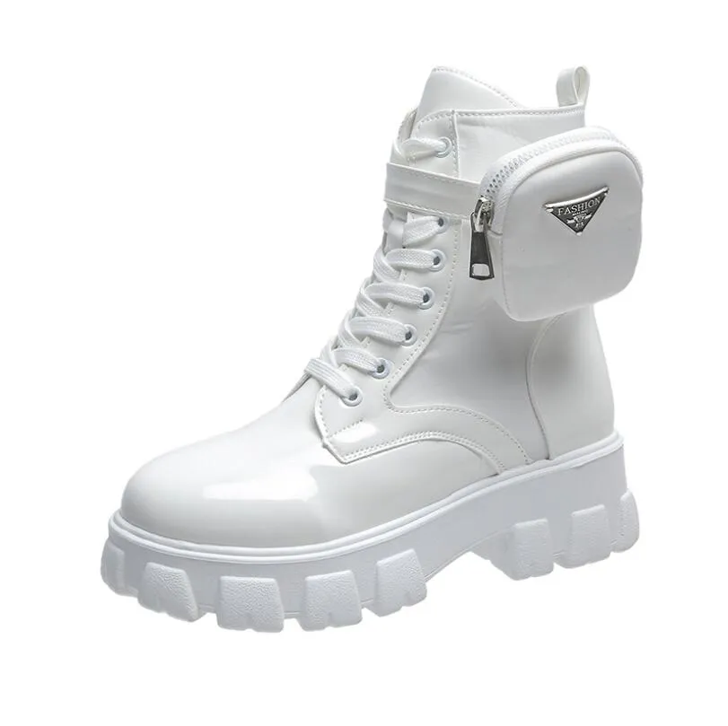 Thick-soled wallet women's boots winter new patent leather women's boots lace up motorcycle boots