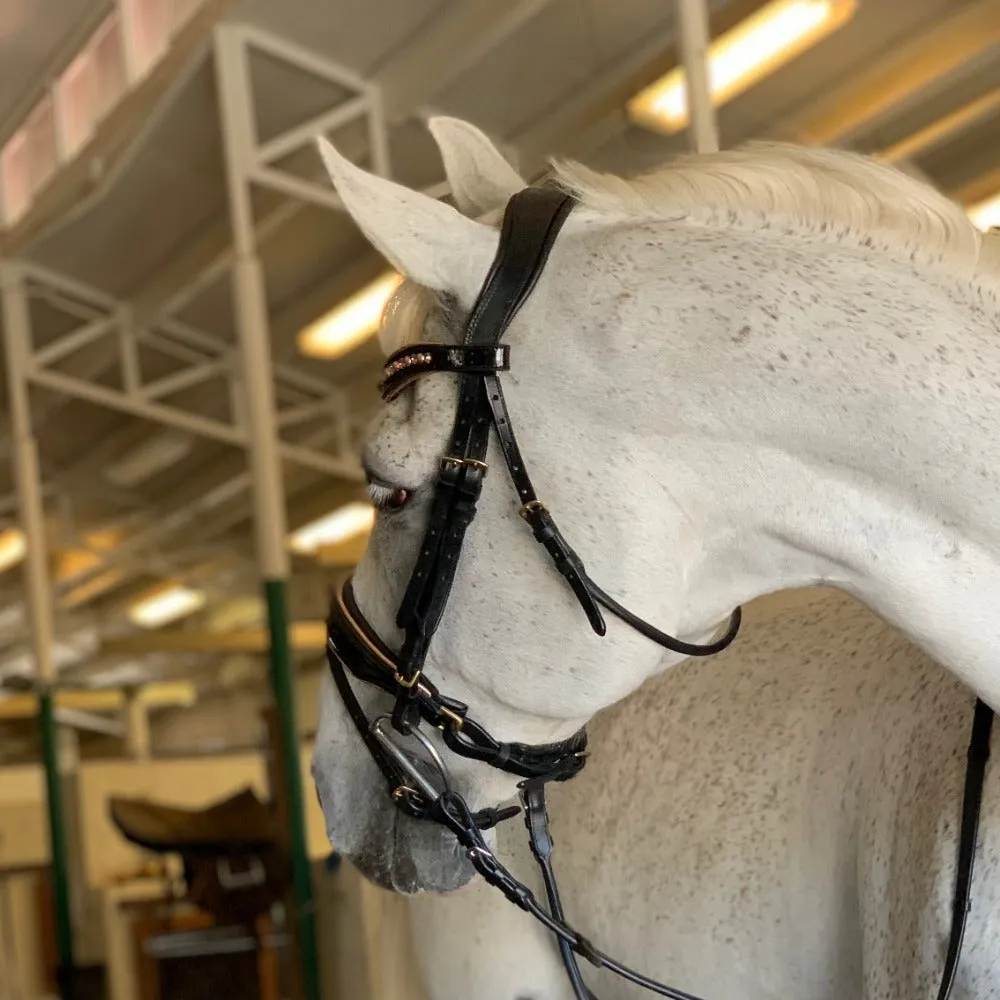 Ultimate Rose Gold Black Patent Snaffle Bridle