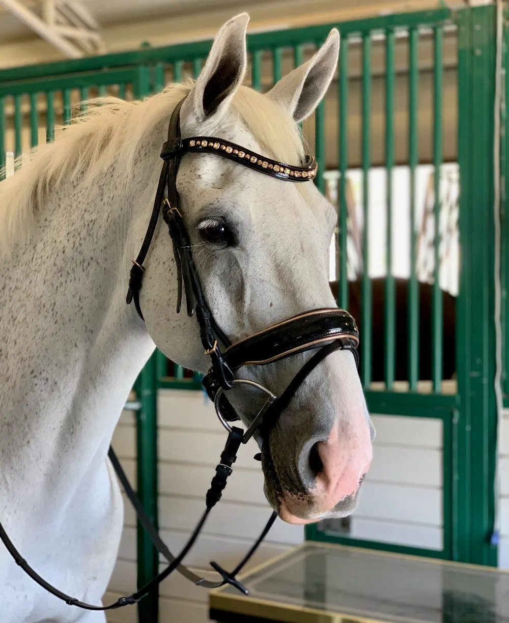 Ultimate Rose Gold Black Patent Snaffle Bridle