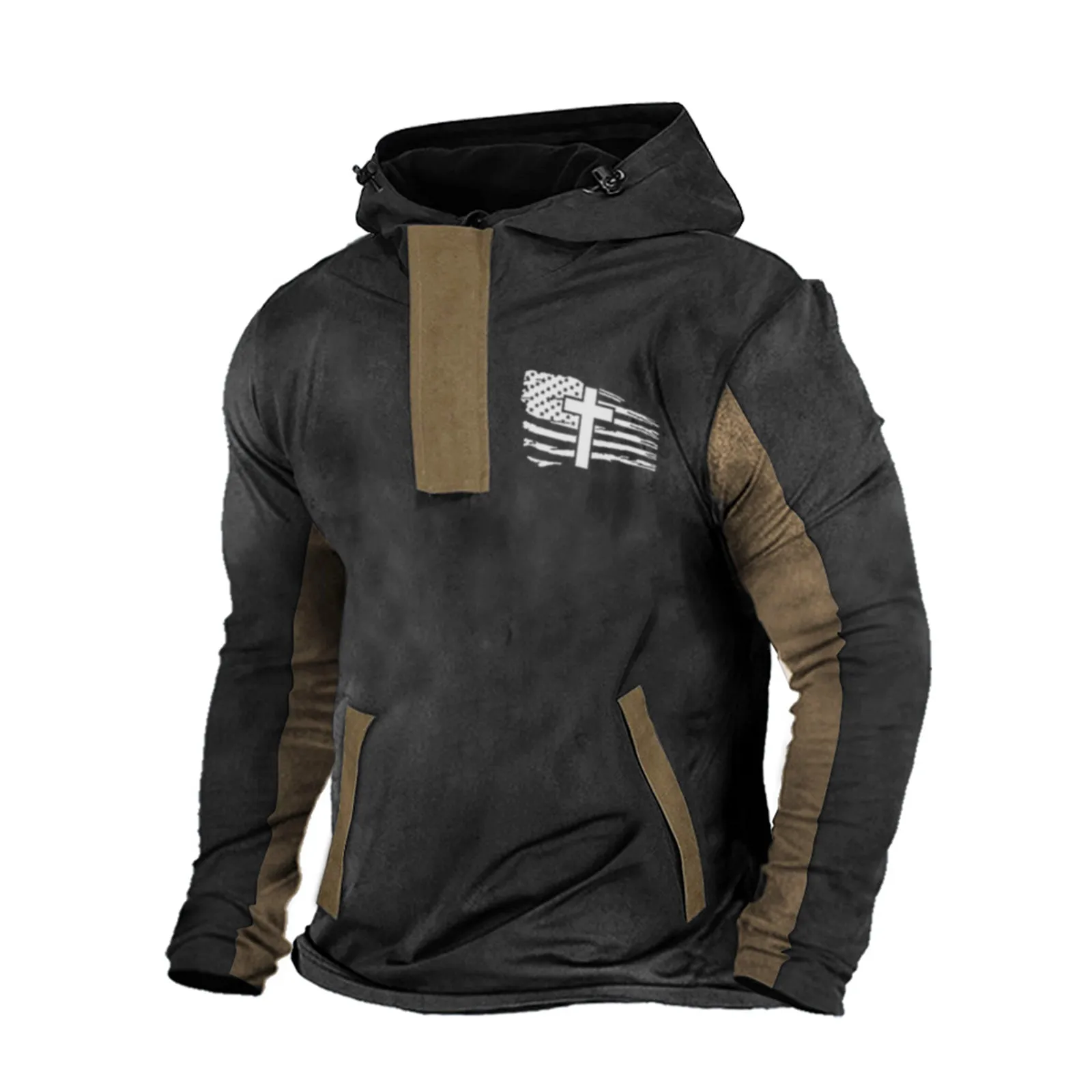 USA FLAG CROSS COLOR BLOCK POCKET HOODIE