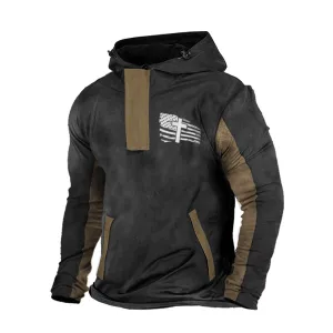 USA FLAG CROSS COLOR BLOCK POCKET HOODIE