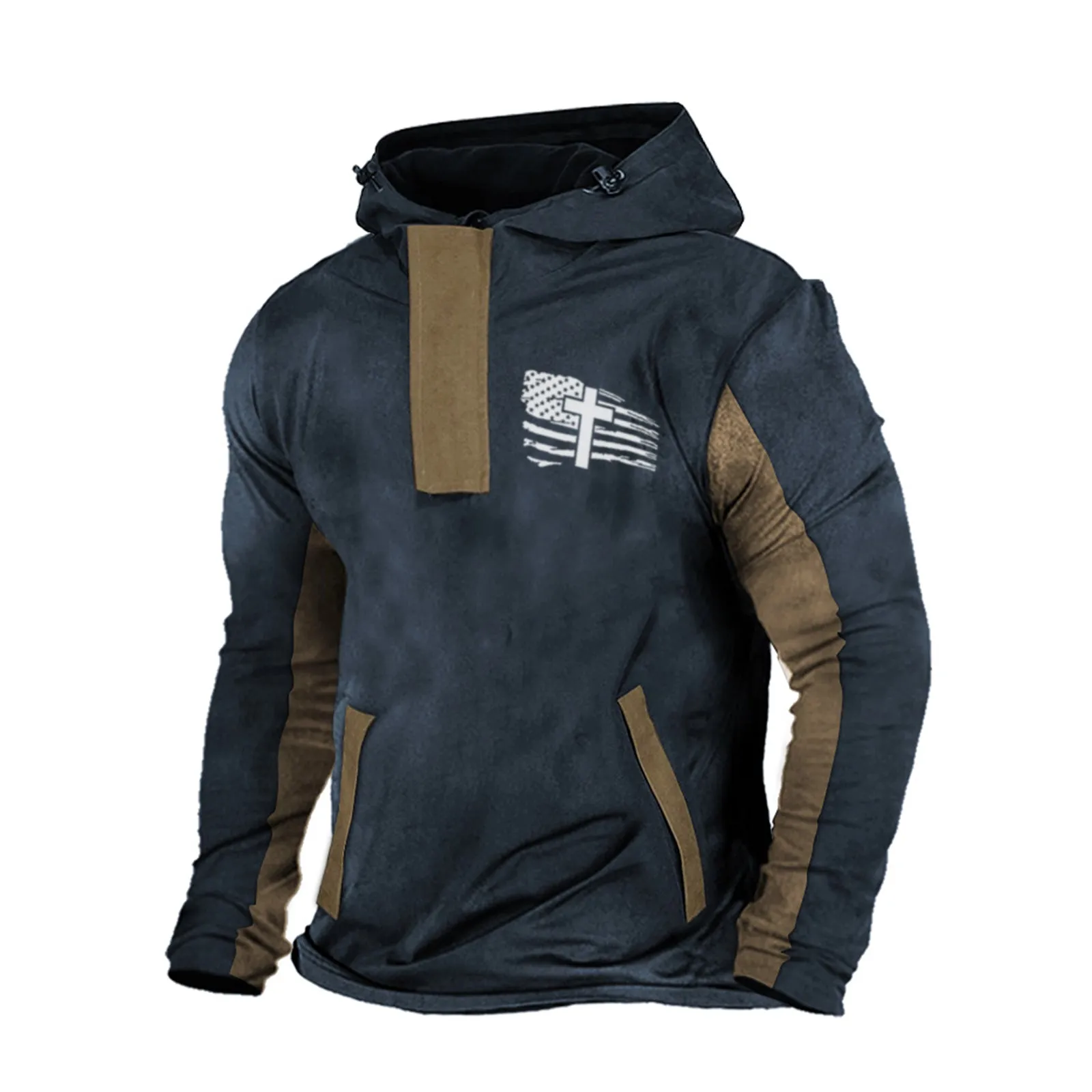 USA FLAG CROSS COLOR BLOCK POCKET HOODIE