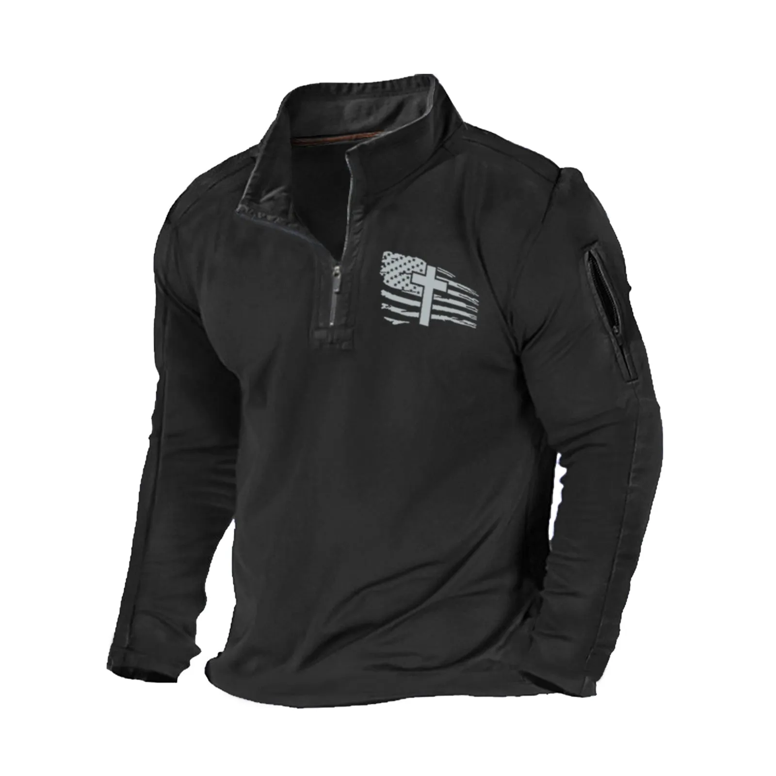 USA FLAG CROSS ZIPPER GRAPHIC POCKET SWEATSHIRT
