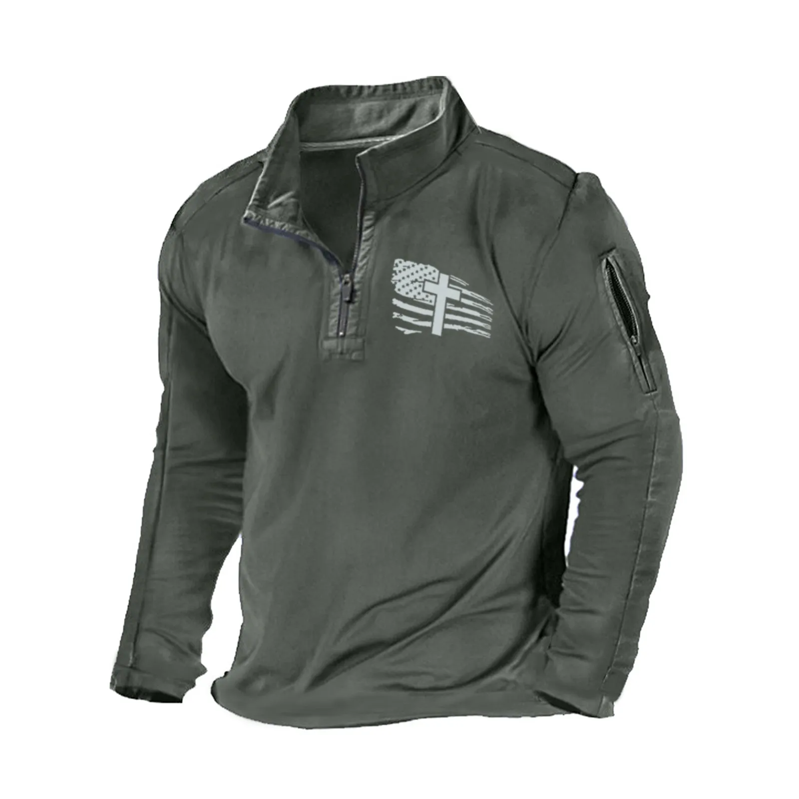 USA FLAG CROSS ZIPPER GRAPHIC POCKET SWEATSHIRT