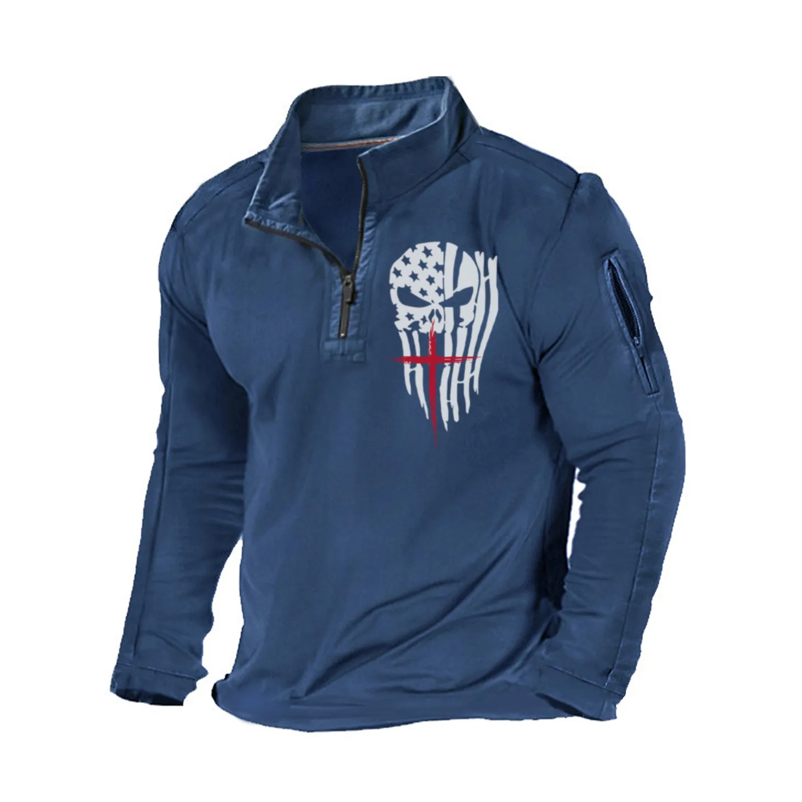 USA FLAG SKULL CROSS ZIPPER GRAPHIC POCKET SWEATSHIRT