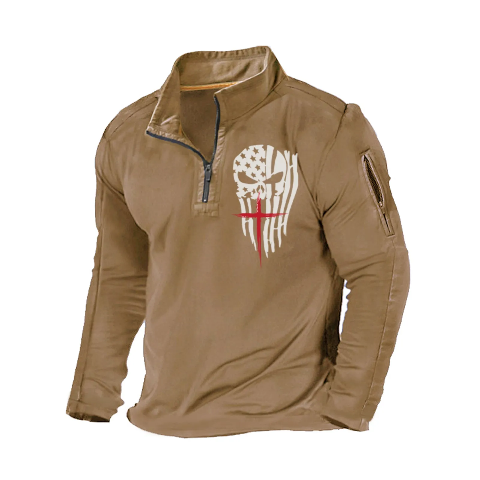 USA FLAG SKULL CROSS ZIPPER GRAPHIC POCKET SWEATSHIRT