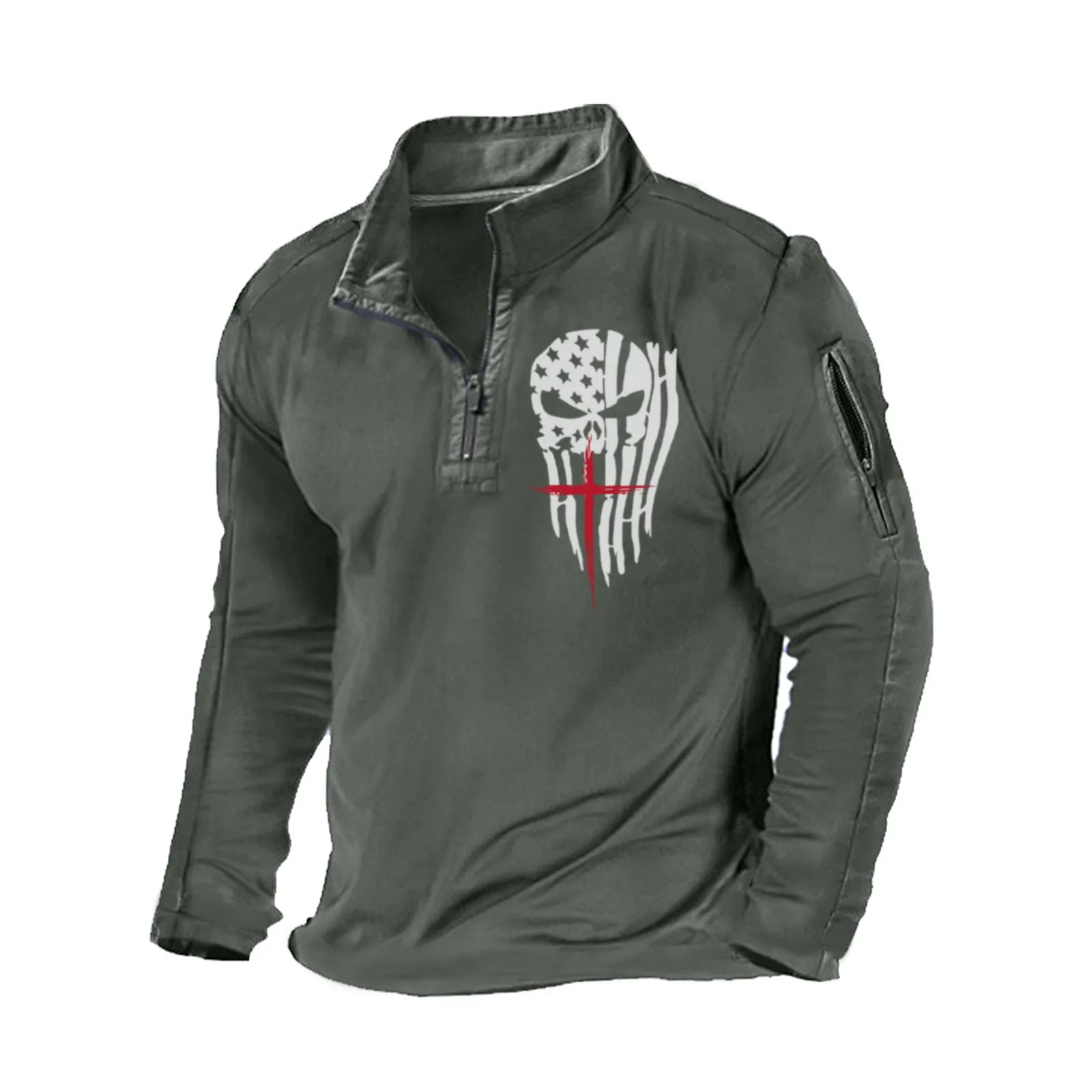 USA FLAG SKULL CROSS ZIPPER GRAPHIC POCKET SWEATSHIRT