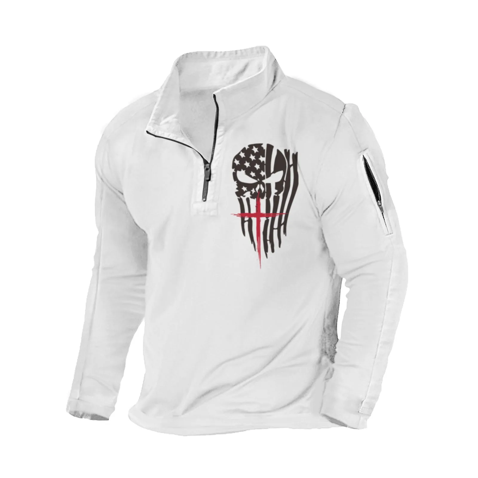 USA FLAG SKULL CROSS ZIPPER GRAPHIC POCKET SWEATSHIRT