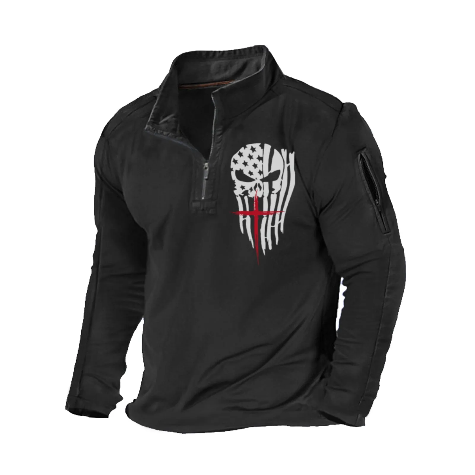 USA FLAG SKULL CROSS ZIPPER GRAPHIC POCKET SWEATSHIRT