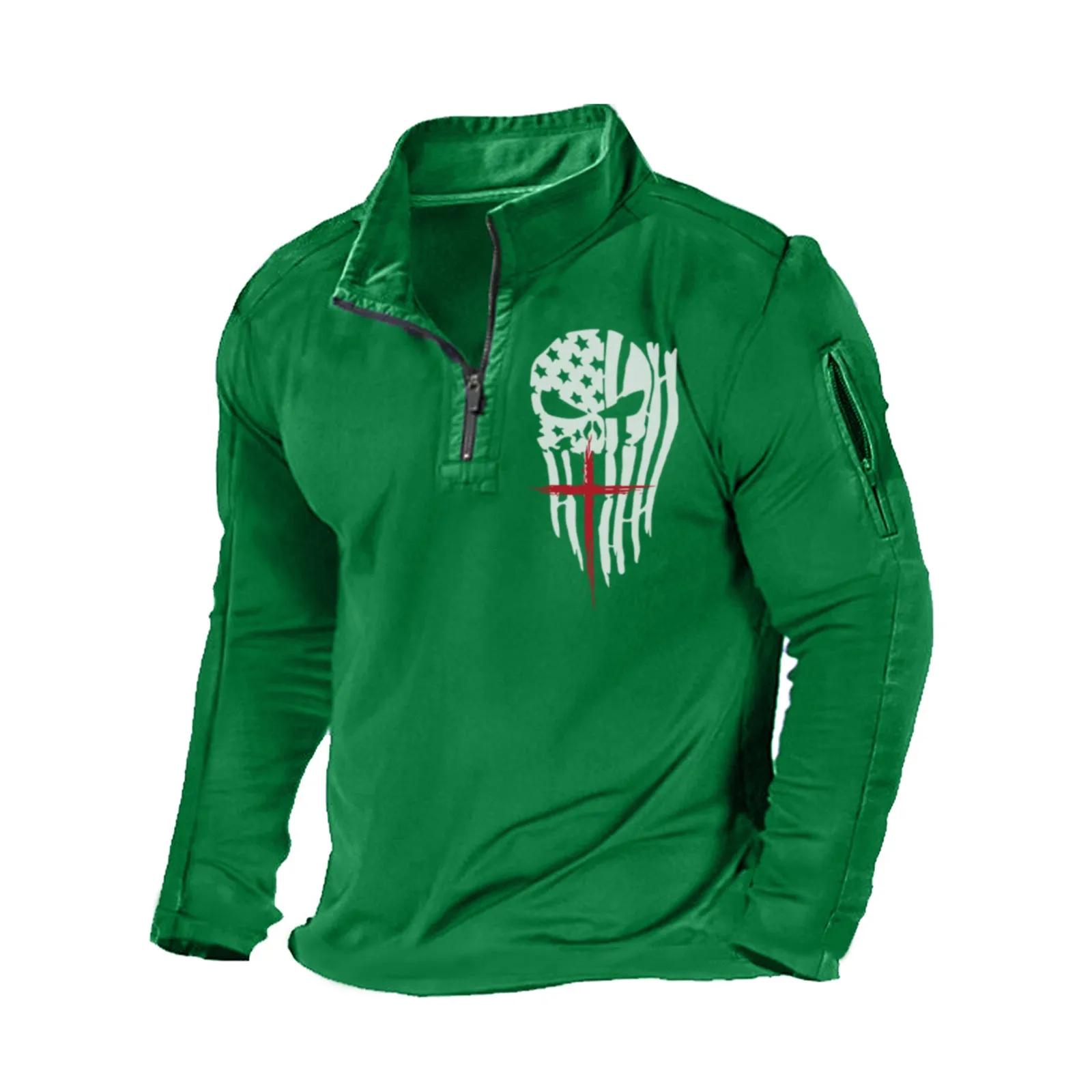 USA FLAG SKULL CROSS ZIPPER GRAPHIC POCKET SWEATSHIRT