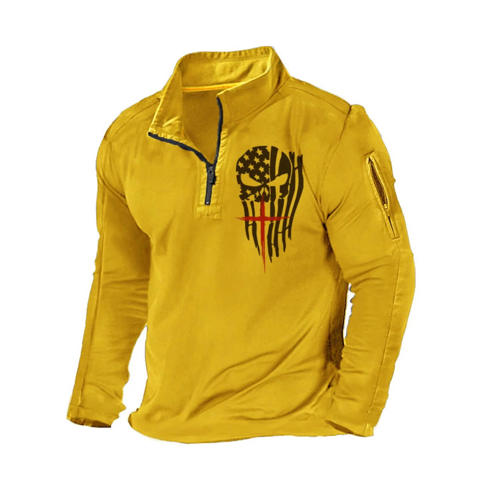 USA FLAG SKULL CROSS ZIPPER GRAPHIC POCKET SWEATSHIRT
