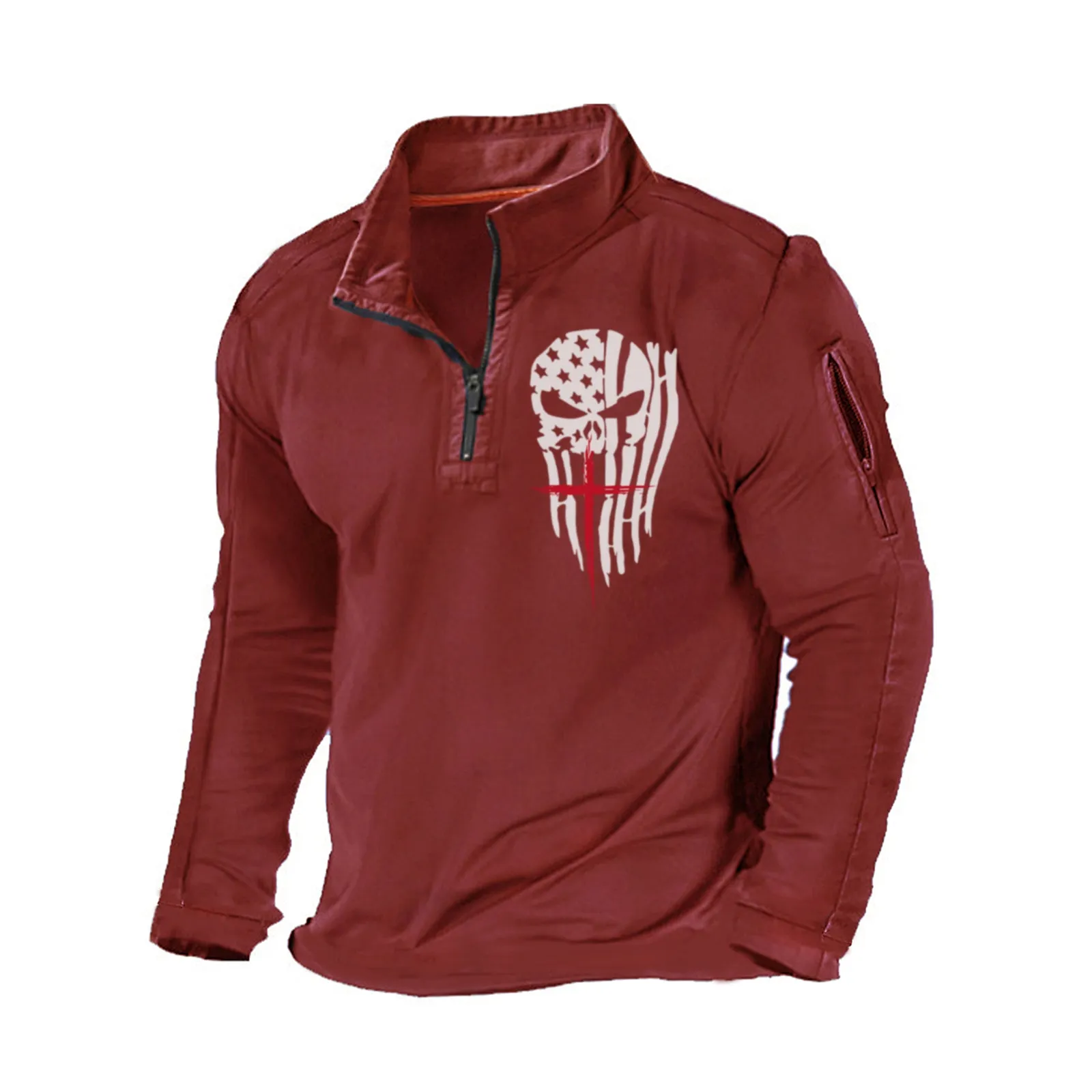 USA FLAG SKULL CROSS ZIPPER GRAPHIC POCKET SWEATSHIRT