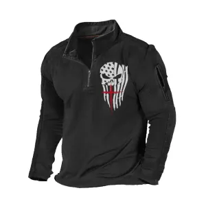USA FLAG SKULL CROSS ZIPPER GRAPHIC POCKET SWEATSHIRT