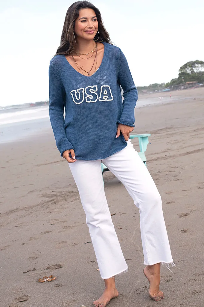 USA Vneck Cotton Sweater - Blue with White Lettering - SALE