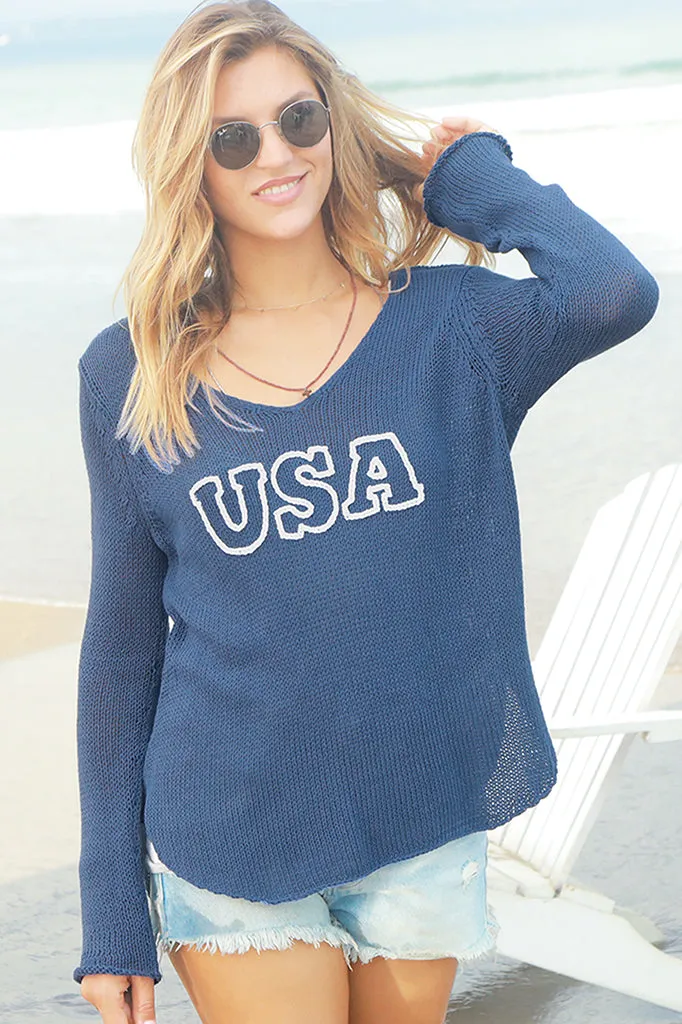 USA Vneck Cotton Sweater - Blue with White Lettering - SALE