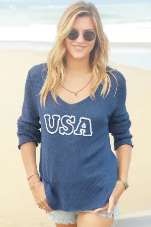 USA Vneck Cotton Sweater - Blue with White Lettering - SALE