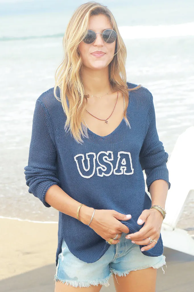 USA Vneck Cotton Sweater - Blue with White Lettering - SALE