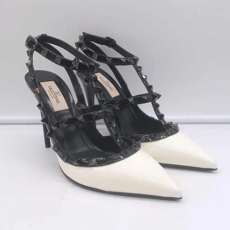 Valentino Rockstud Bicolor Cage Pumps White & Black Patent Leather Size 38.5 NEW