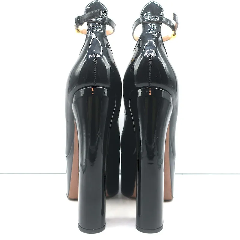 Valentino Tan-Go Platform Ankle Strap Pumps Black Patent Leather Size 36