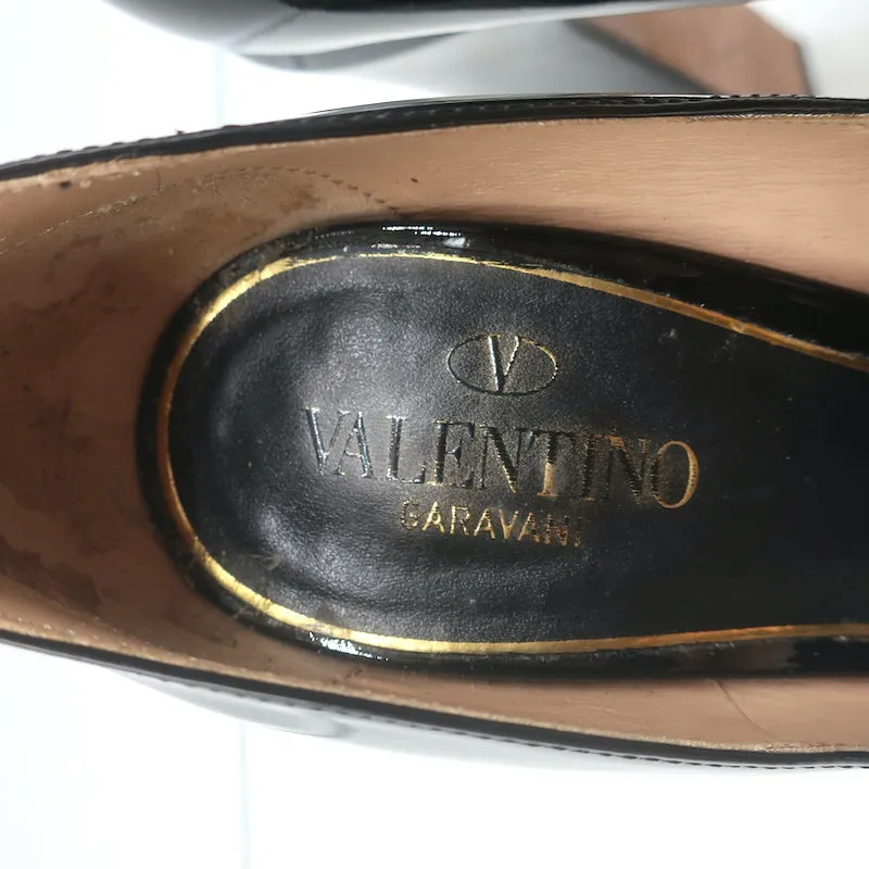 Valentino Tan-Go Platform Ankle Strap Pumps Black Patent Leather Size 36
