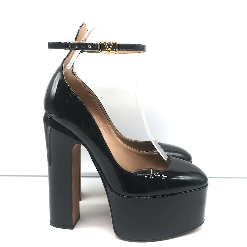 Valentino Tan-Go Platform Ankle Strap Pumps Black Patent Leather Size 36
