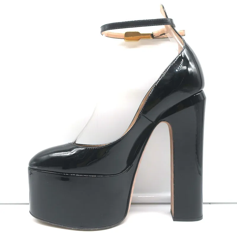 Valentino Tan-Go Platform Ankle Strap Pumps Black Patent Leather Size 36