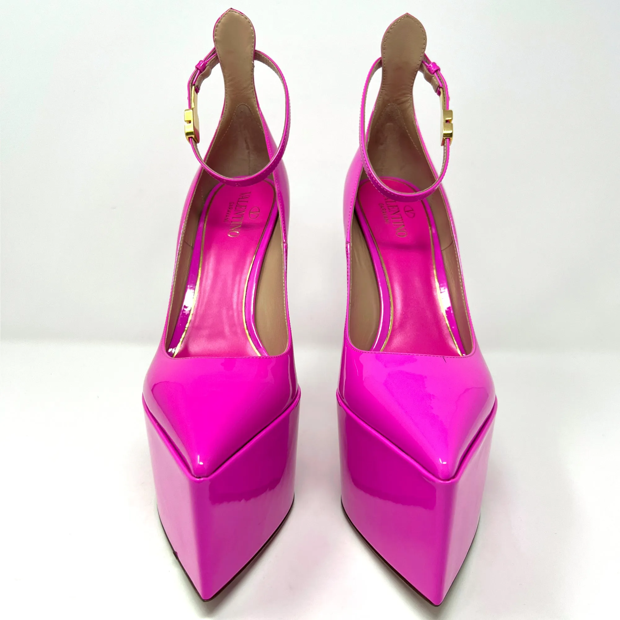 Valentino Tan-Go V Logo Pink Patent Leather Pointed Ankle Strap Platform Pumps Size EU 38