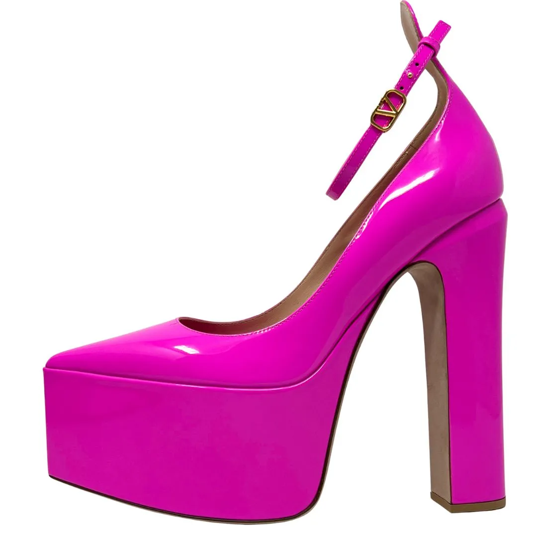 Valentino Tan-Go V Logo Pink Patent Leather Pointed Ankle Strap Platform Pumps Size EU 38