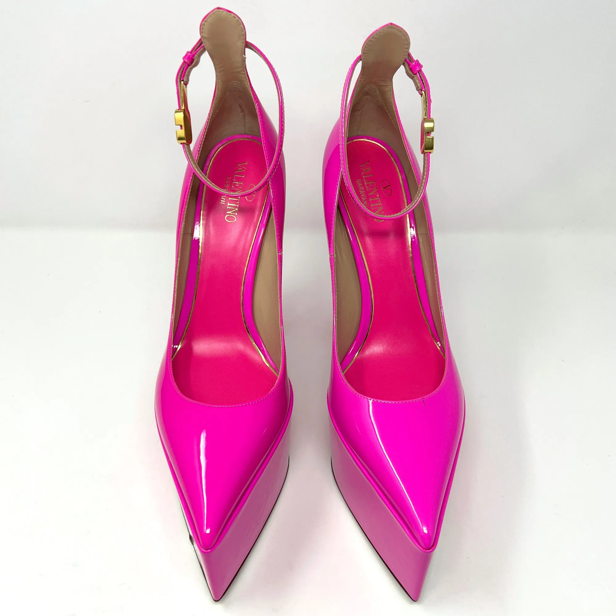 Valentino Tan-Go V Logo Pink Patent Leather Pointed Ankle Strap Platform Pumps Size EU 38