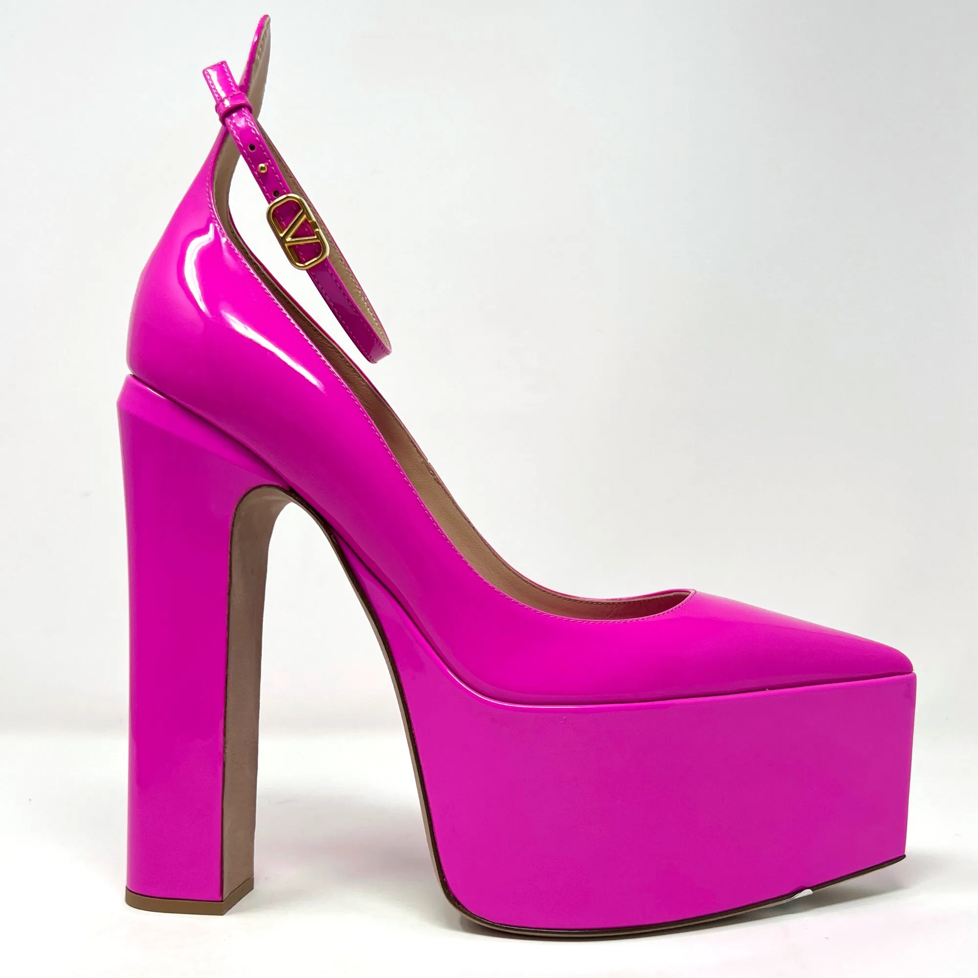 Valentino Tan-Go V Logo Pink Patent Leather Pointed Ankle Strap Platform Pumps Size EU 38