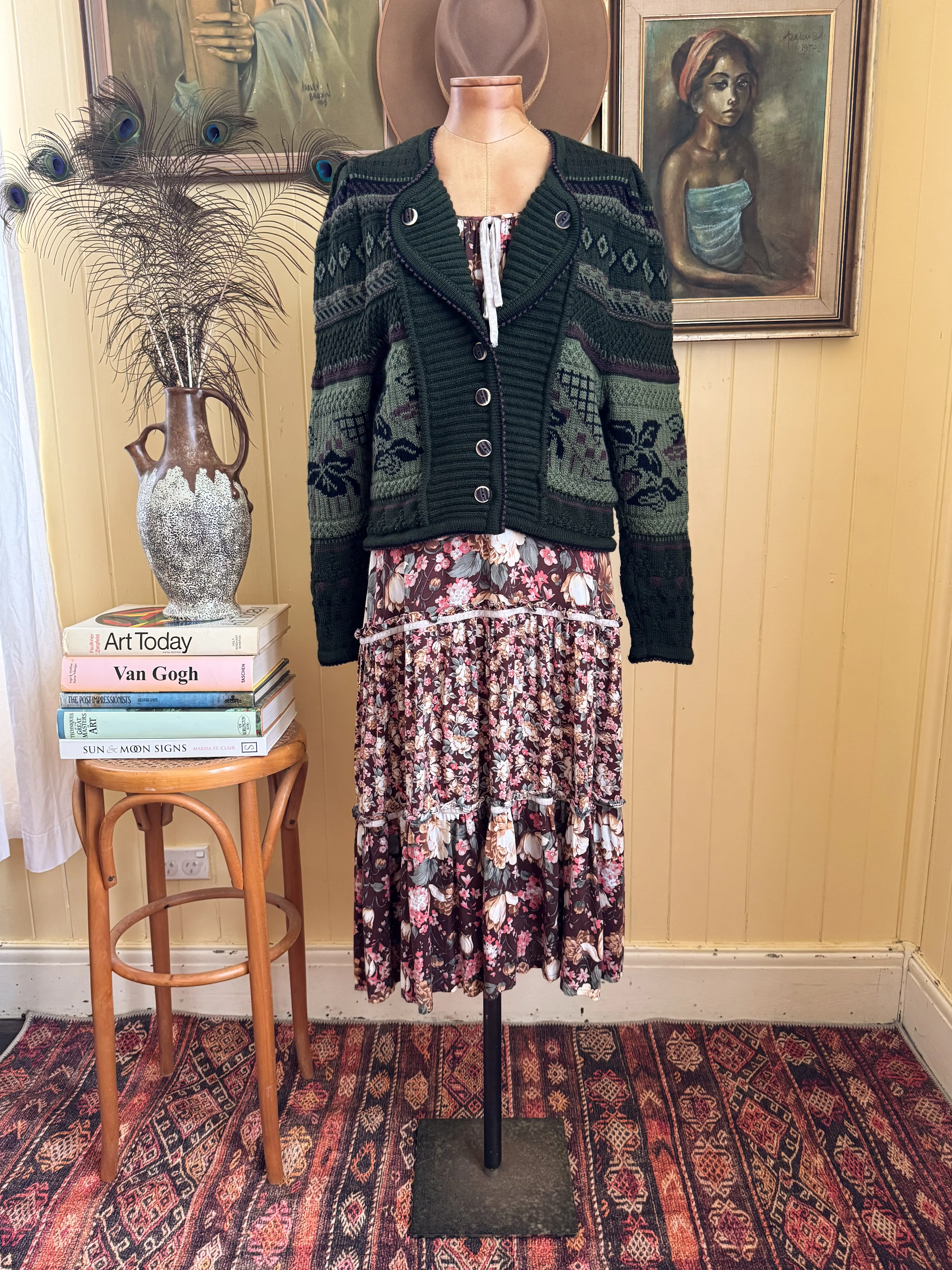 VINTAGE 1970S CASPER RAYON FLORAL MIDI PEASANT DRESS S/M
