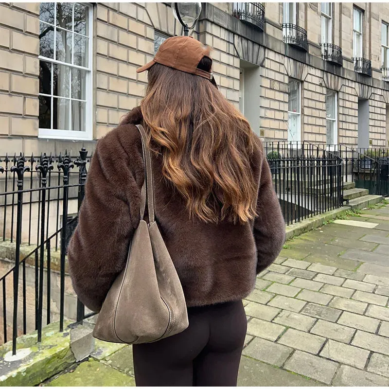 Vintage Brown Lapel Faux Fur Jacket – High Street Winter Elegance