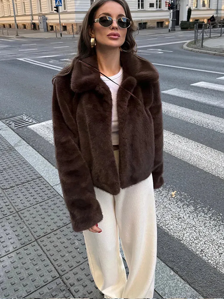 Vintage Brown Lapel Faux Fur Jacket – High Street Winter Elegance