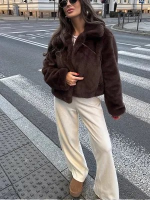 Vintage Brown Lapel Faux Fur Jacket – High Street Winter Elegance