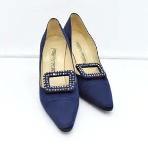 Vintage Ernesto Esposito Navy Rhinestone Buckles Satin Pumps