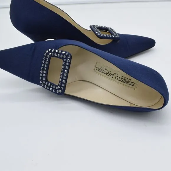 Vintage Ernesto Esposito Navy Rhinestone Buckles Satin Pumps