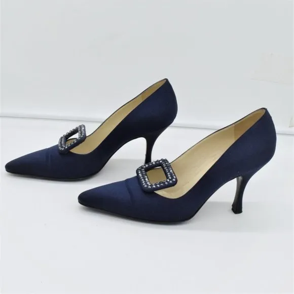 Vintage Ernesto Esposito Navy Rhinestone Buckles Satin Pumps