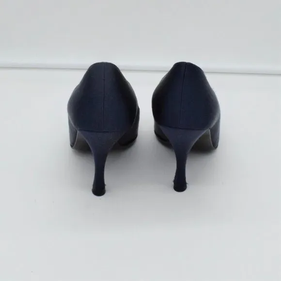 Vintage Ernesto Esposito Navy Rhinestone Buckles Satin Pumps