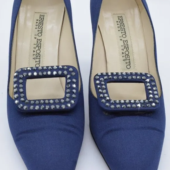 Vintage Ernesto Esposito Navy Rhinestone Buckles Satin Pumps